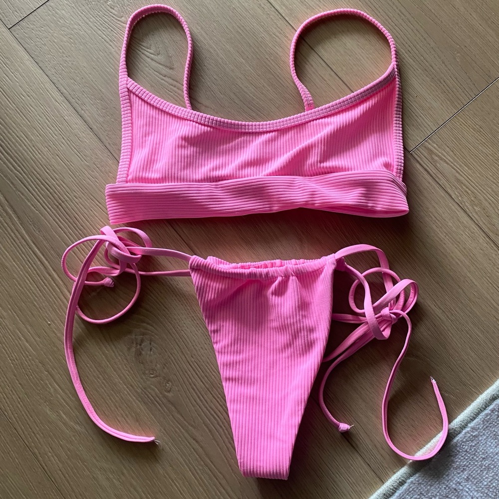 Frankie's Bikinis Pink Punch Ribbed String Bikini Set Gavin Top Tia Bottom